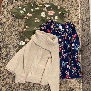 Flower dress, flower shirt, and Crazy 8 turtle neck sweater